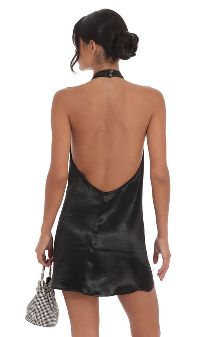 Lucy In The Sky Satin Halter Shift Dress in Black