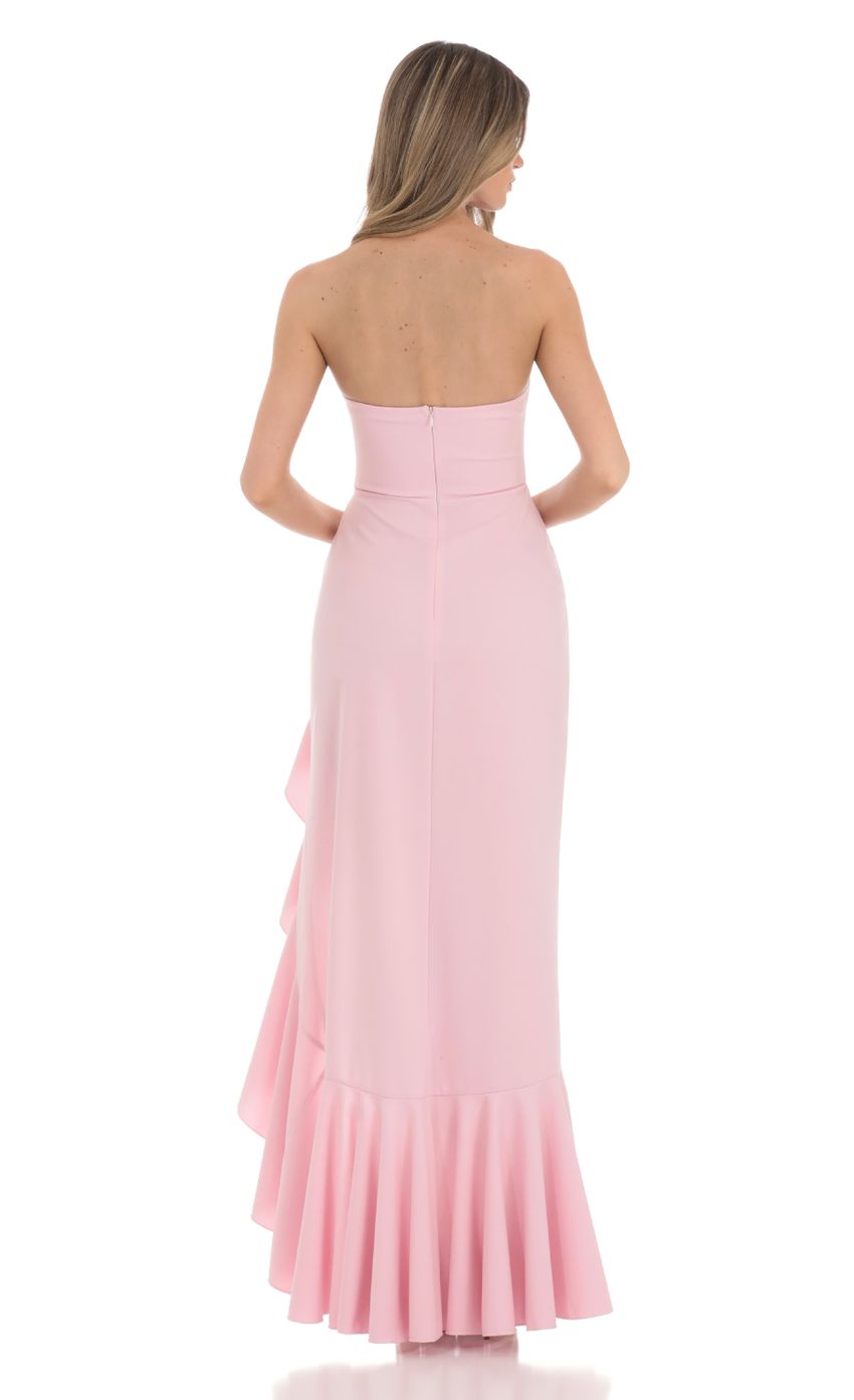 Lucy in the Sky Ruffle Slit Strapless Corset Maxi Dress in Pink