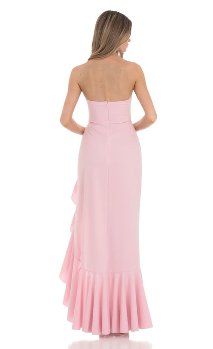 Lucy In The Sky Ruffle Slit Strapless Corset Maxi Dress in Pink