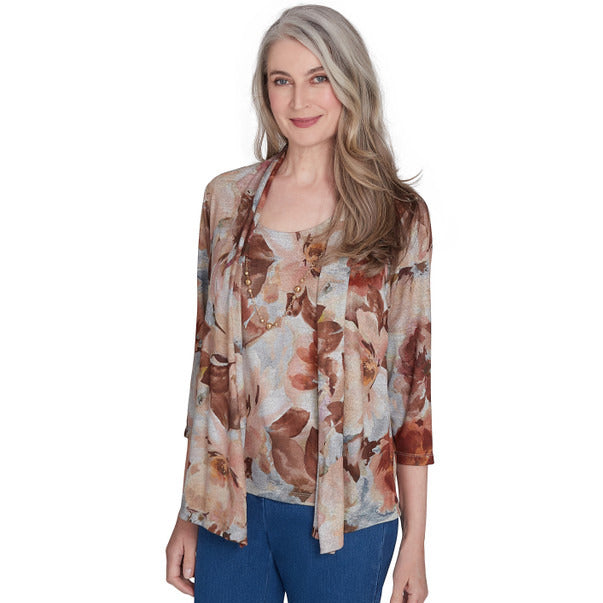 Alfred Dunner Women's Watercolor Floral Melange Two In One Top with Necklace