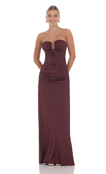 Lucy In The Sky Embellished Strapless Maxi Dress in Plum