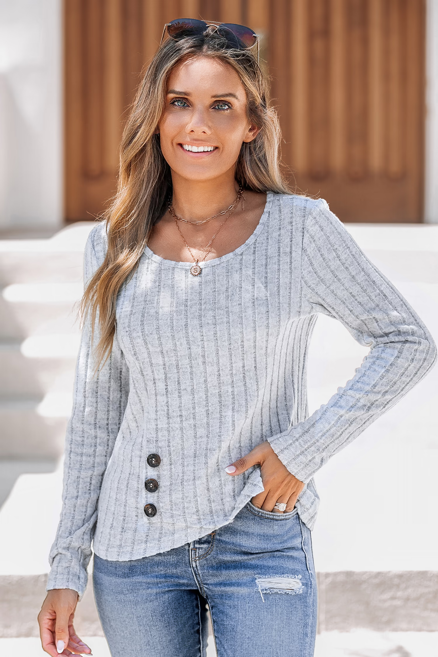 Cupshe Grey Ribbed Knit Round Neck Long Sleeve Tee (x2)