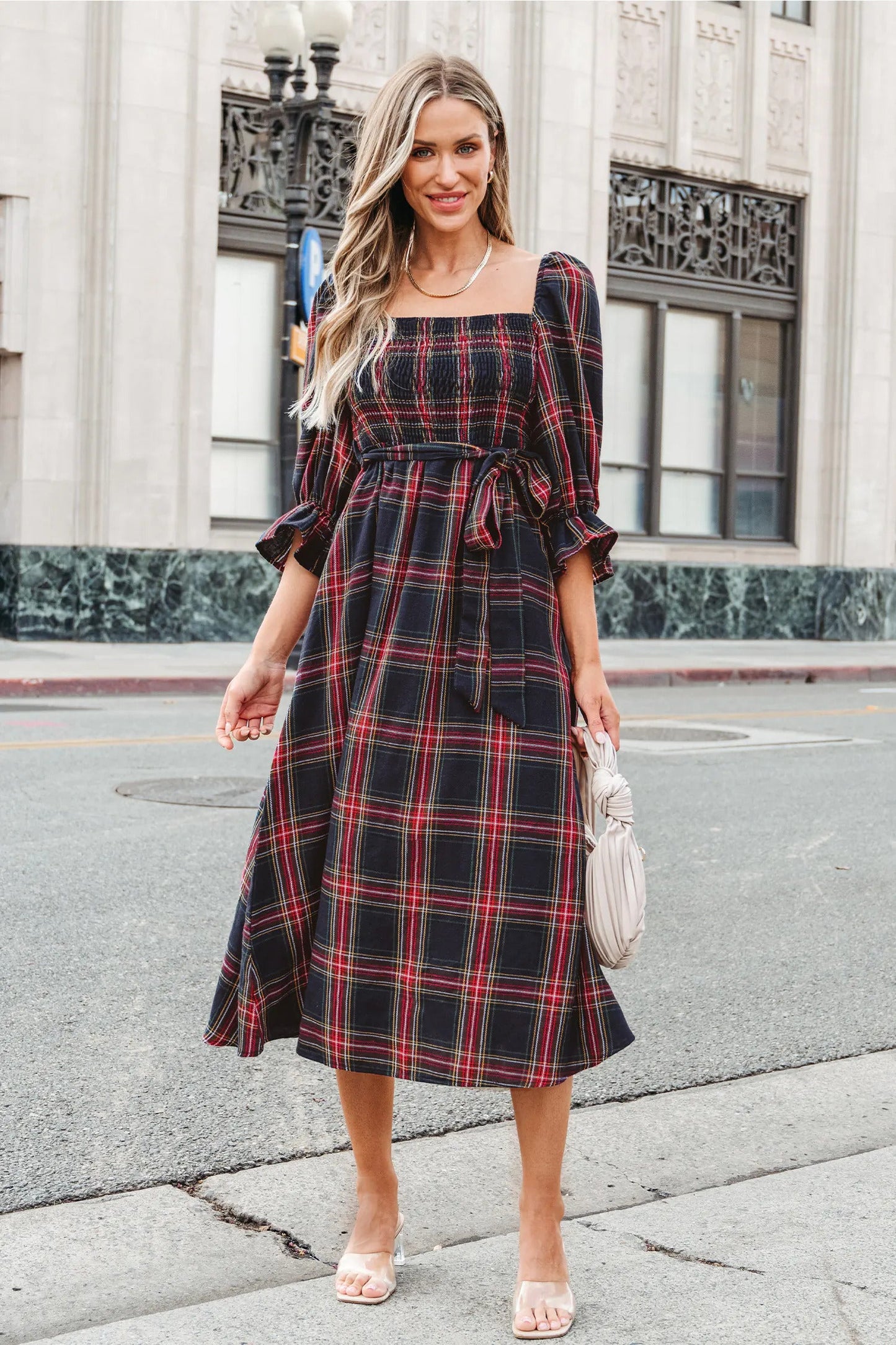 Cupshe X Gabby Windey Burgundy Belted Plaid Smocked Maxi Dress