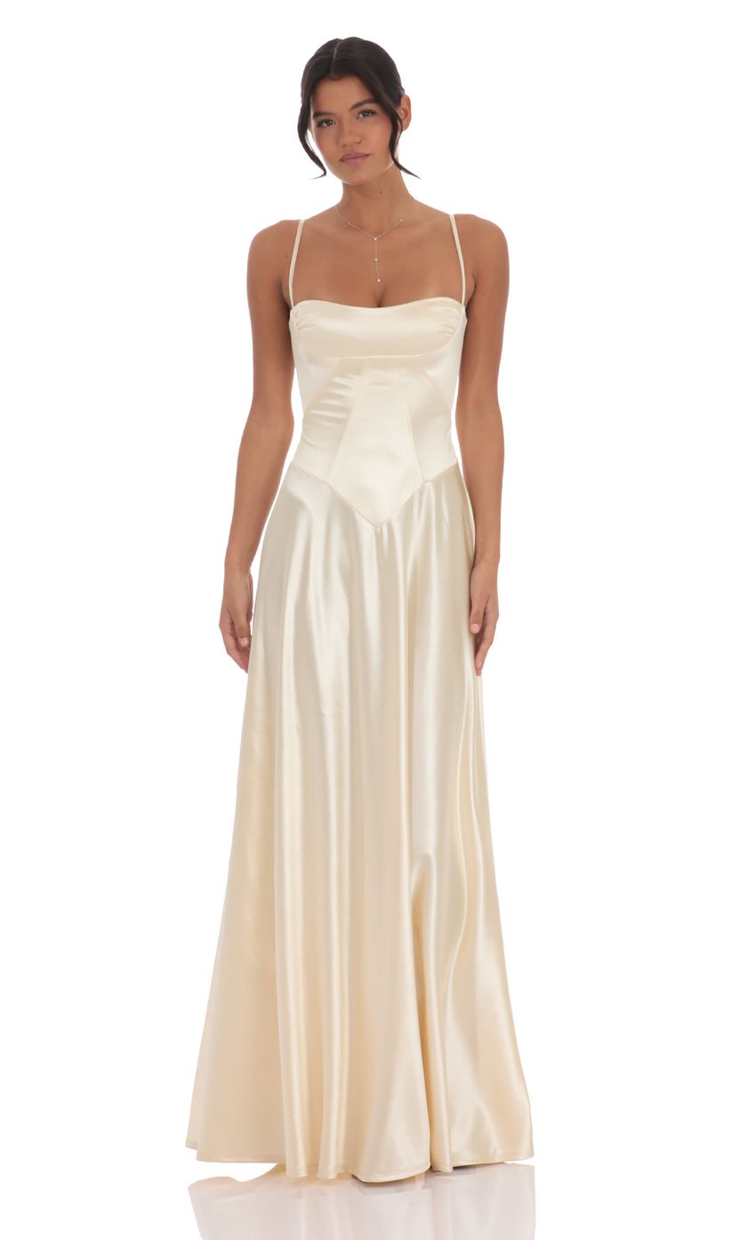 Lucy In The Sky Satin Square Neck Maxi Dress in Champagne