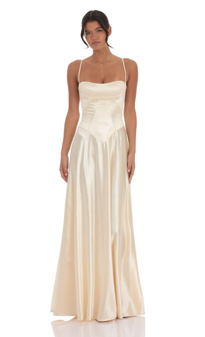 Lucy In The Sky Satin Square Neck Maxi Dress in Champagne