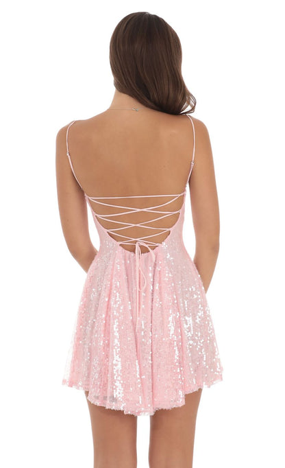 Lucy In The Sky Iridescent Sequin Fit and Flare Dress in Pink