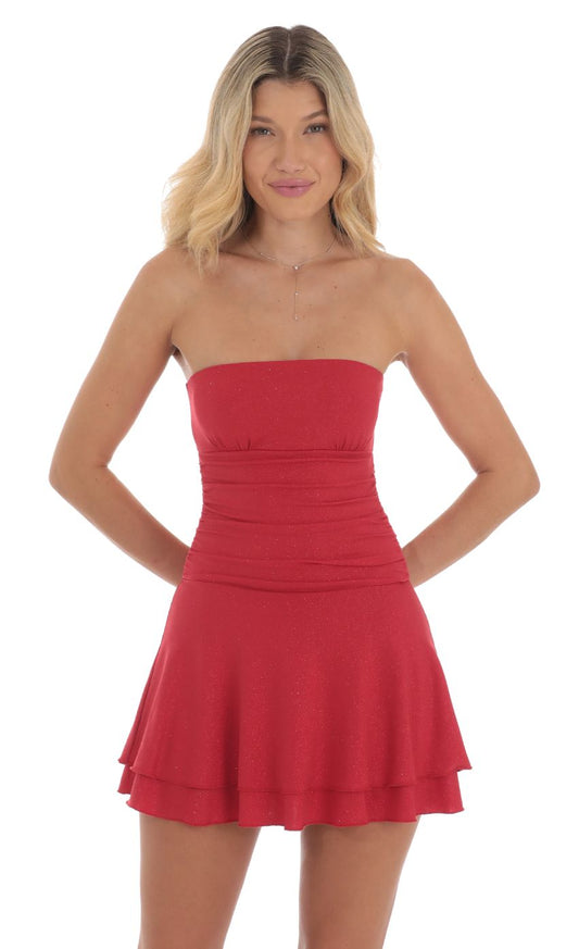 Lucy In The Sky Shimmer Strapless Ruched A-line Dress in Red