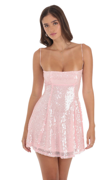 Lucy In The Sky Iridescent Sequin Fit and Flare Dress in Pink