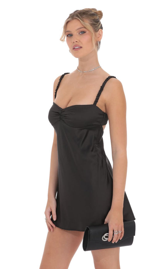 Lucy In The Sky Satin Babydoll Dress in Black