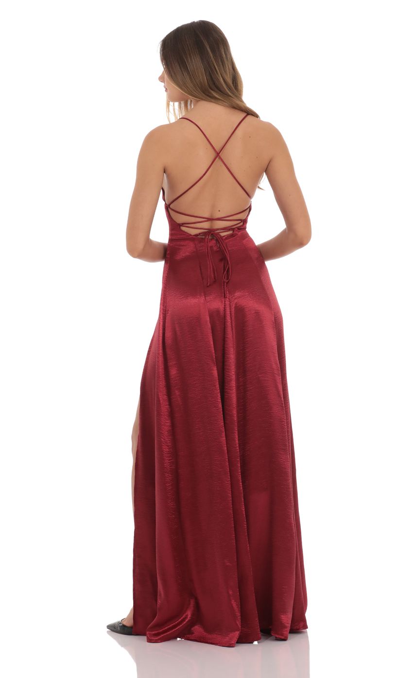 Lucy In The Sky Satin Double Slit Maxi Dress in Deep Red
