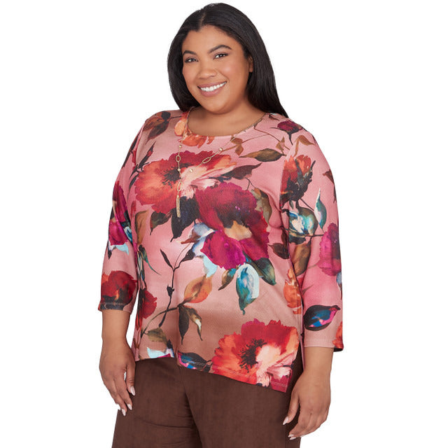 Alfred Dunner Women's Dramatic Floral Crew Neck Top with Necklace