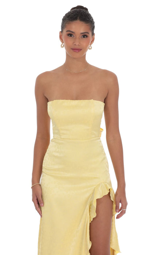 Lucy In The Sky Satin Jacquard Back Bow Corset Maxi Dress in Yellow