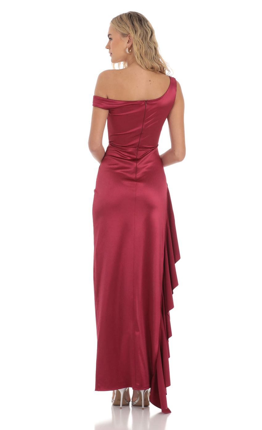 Lucy In The Sky Satin Off Shoulder Maxi Dress in Maroon
