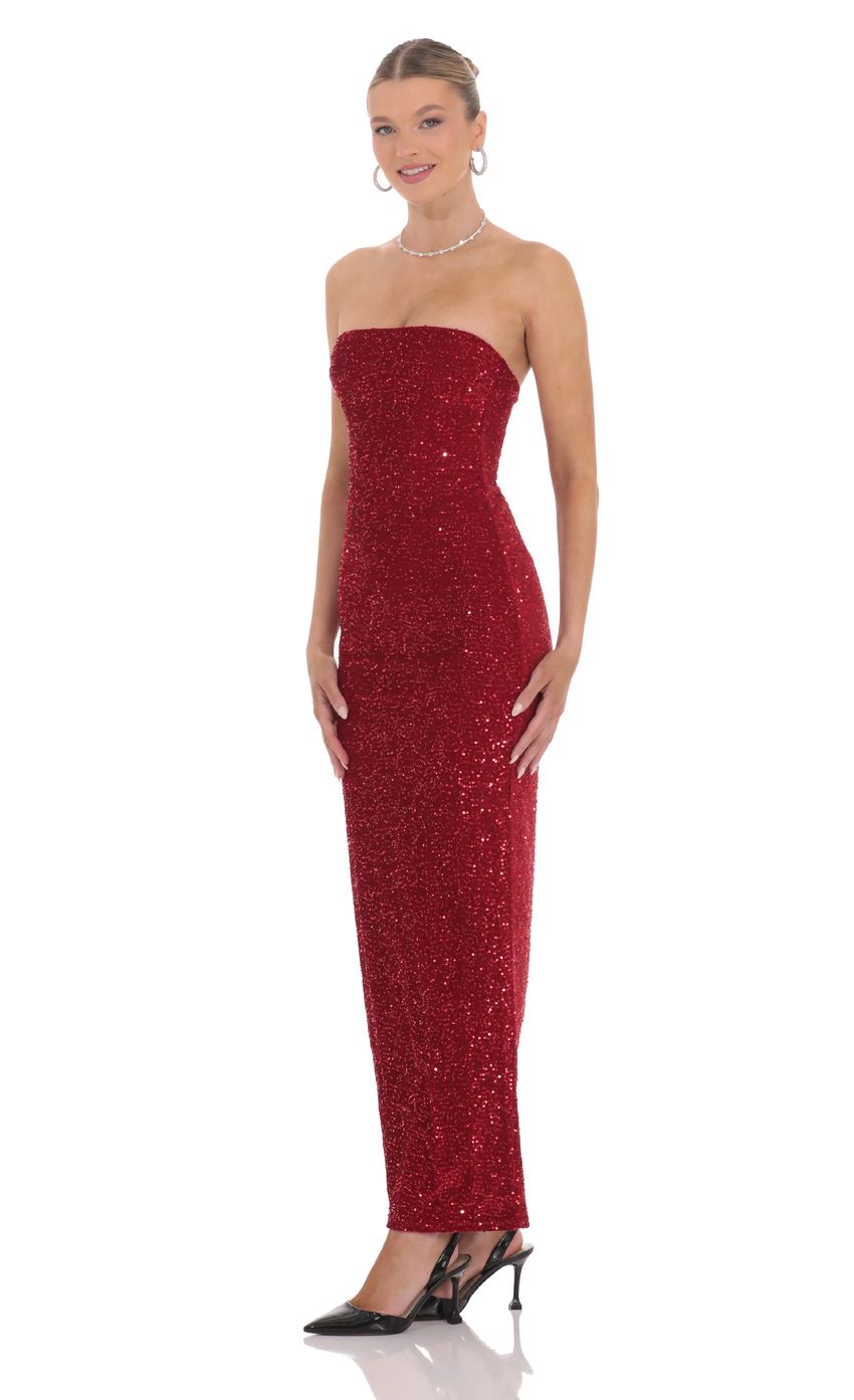 Lucy in the Sky Velvet Sequin Strapless Maxi Dress in Red
