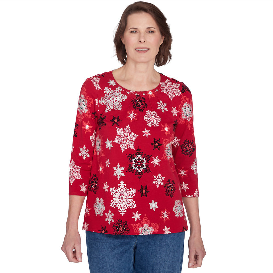 Alfred Dunner Women's Classic Snowflake Infused Top