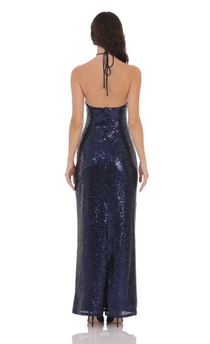 Lucy In The Sky Sequin Florette Halter Maxi Dress in Navy