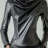 Ursime Cowl Neck Long Sleeve PU Leather Blouse