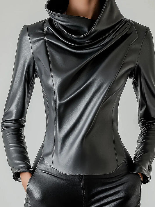 Ursime Cowl Neck Long Sleeve PU Leather Blouse