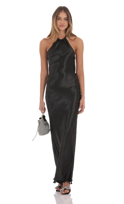 Lucy in the Sky Rhinestone Satin Open Back Maxi Dress in Black