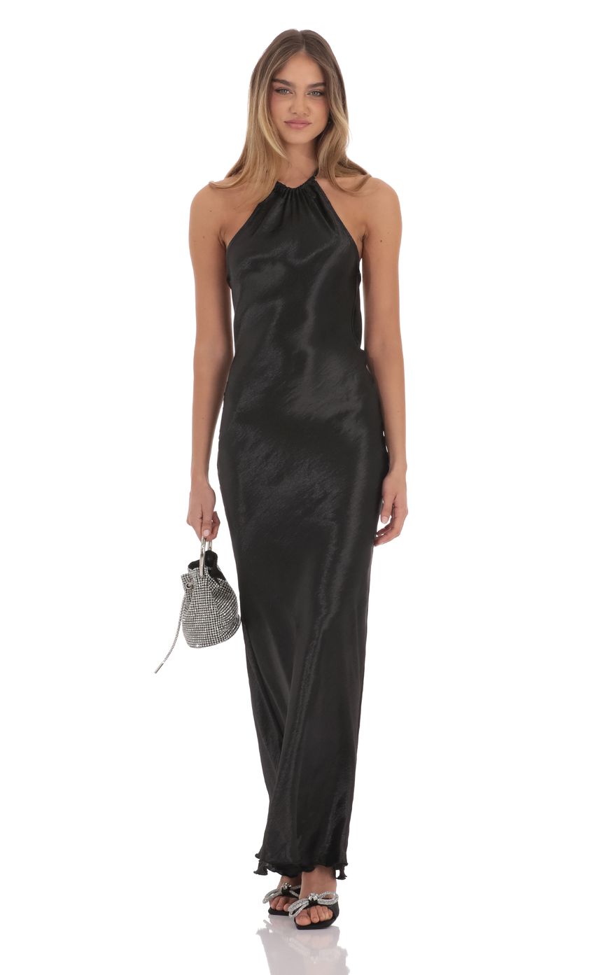 Lucy In The Sky Rhinestone Satin Open Back Maxi Dress in Black