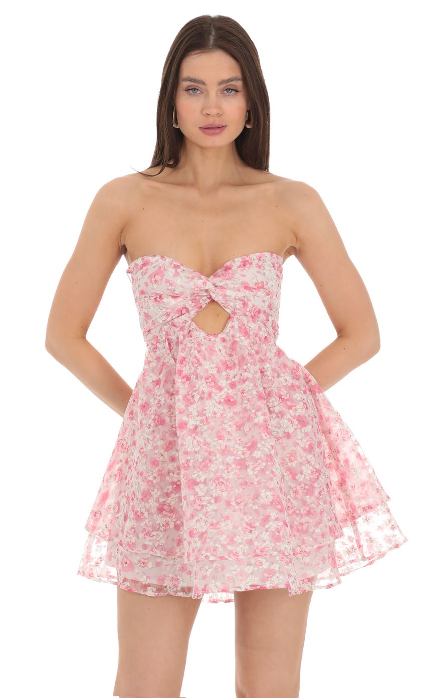 Lucy In The Sky Floral Shimmer Cutout Babydoll Dress in Pink