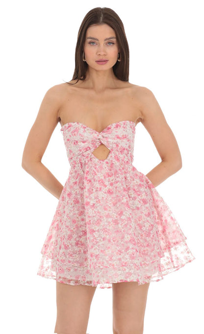 Lucy In The Sky Floral Shimmer Cutout Babydoll Dress in Pink