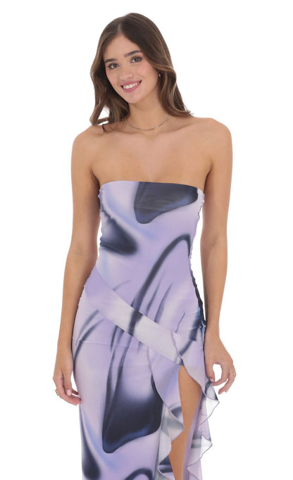 Lucy In The Sky Swirl Mesh Strapless Ruffle Slit Dress in Purple