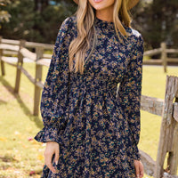 Cupshe Blue Floral Standing Collar Long Sleeve Ruffle Cuff Mini Dress