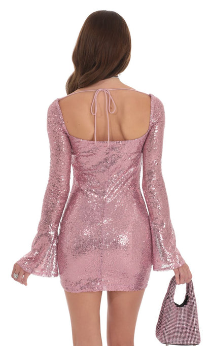 Lucy In The Sky Sequin Long Sleeve Bodycon Dress in Pink