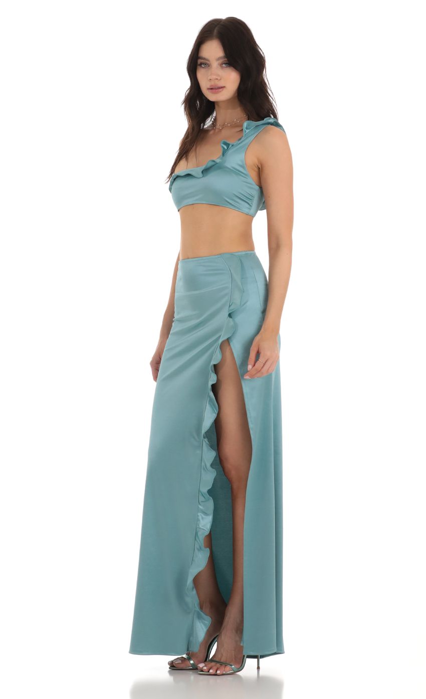 Lucy In The Sky Satin Ruffle Two Piece Set in Blue