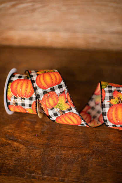 Decorator's Warehouse 2.5" x 10 Yard Pumpkins on Black and White Checkered Ribbon