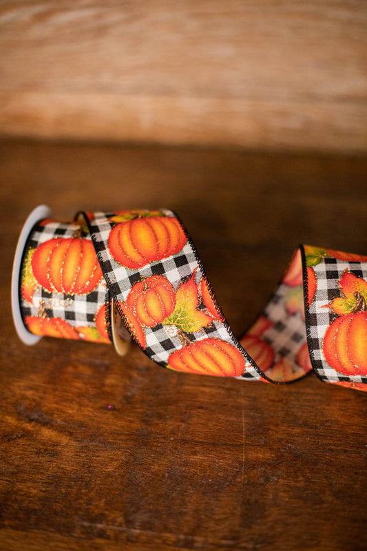 Decorator's Warehouse 2.5" x 10 Yard Pumpkins on Black and White Checkered Ribbon