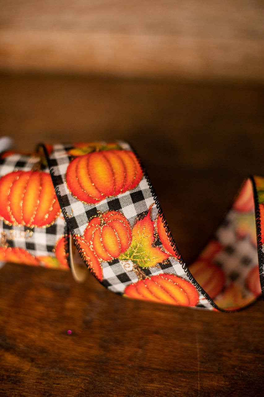 Decorator's Warehouse 2.5" x 10 Yard Pumpkins on Black and White Checkered Ribbon