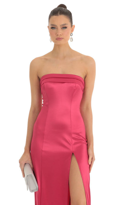 Lucy in the Sky Satin Pleated Strapless Maxi Dress in Cherry