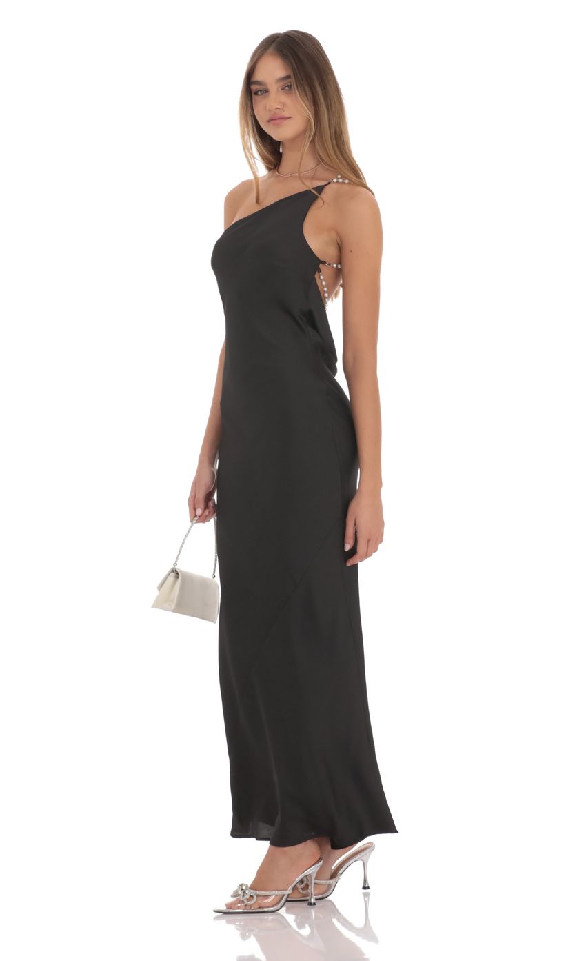 Lucy In The Sky One Shoulder Pearl Satin Maxi Dress in Black