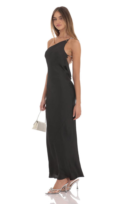Lucy In The Sky One Shoulder Pearl Satin Maxi Dress in Black