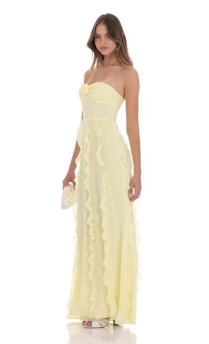 Lucy In The Sky Chiffon Rossette Ruffle Maxi Dress in Yellow