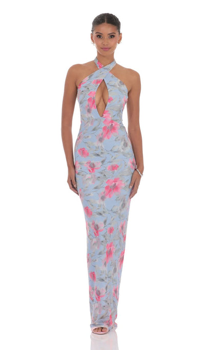 Lucy In The Sky Floral Cutout Halter Maxi Dress in Blue