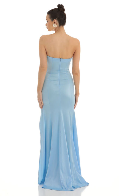 Lucy In The Sky Strapless Satin Maxi Dress in Blue