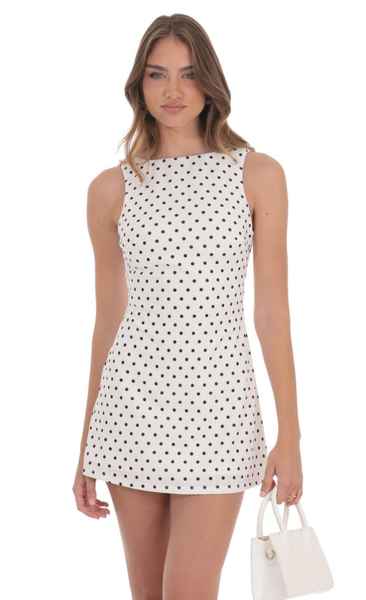 Lucy In The Sky Polka Dot High Neck Back Bow Dress in White