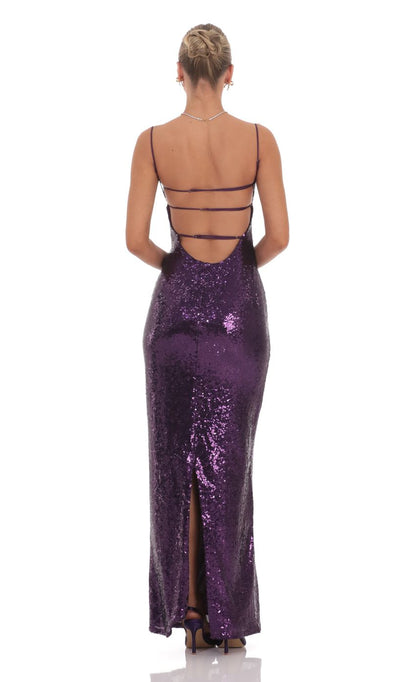 Lucy In The Sky Sequin Open Back Maxi Dress in Purple