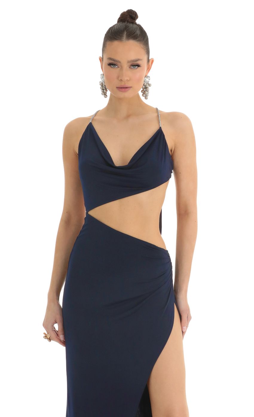 Lucy in the Sky Rhinestone Cutout Maxi Dress in Navy