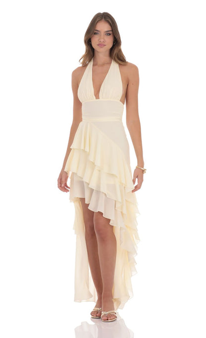 Lucy In The Sky Asymmetrical Ruffle Maxi Dress in Ivory
