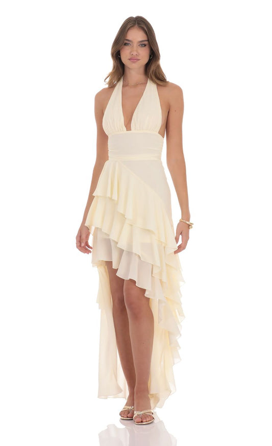 Lucy In The Sky Asymmetrical Ruffle Maxi Dress in Ivory