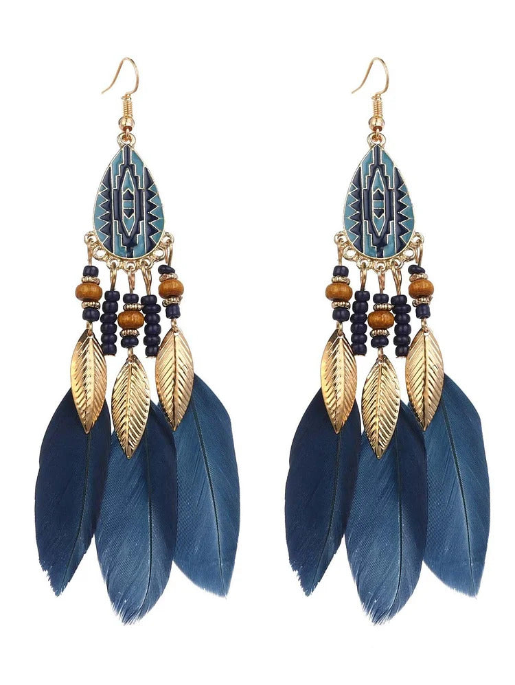 Ursime Retro Feather Decor Beaded Dangle Earrings