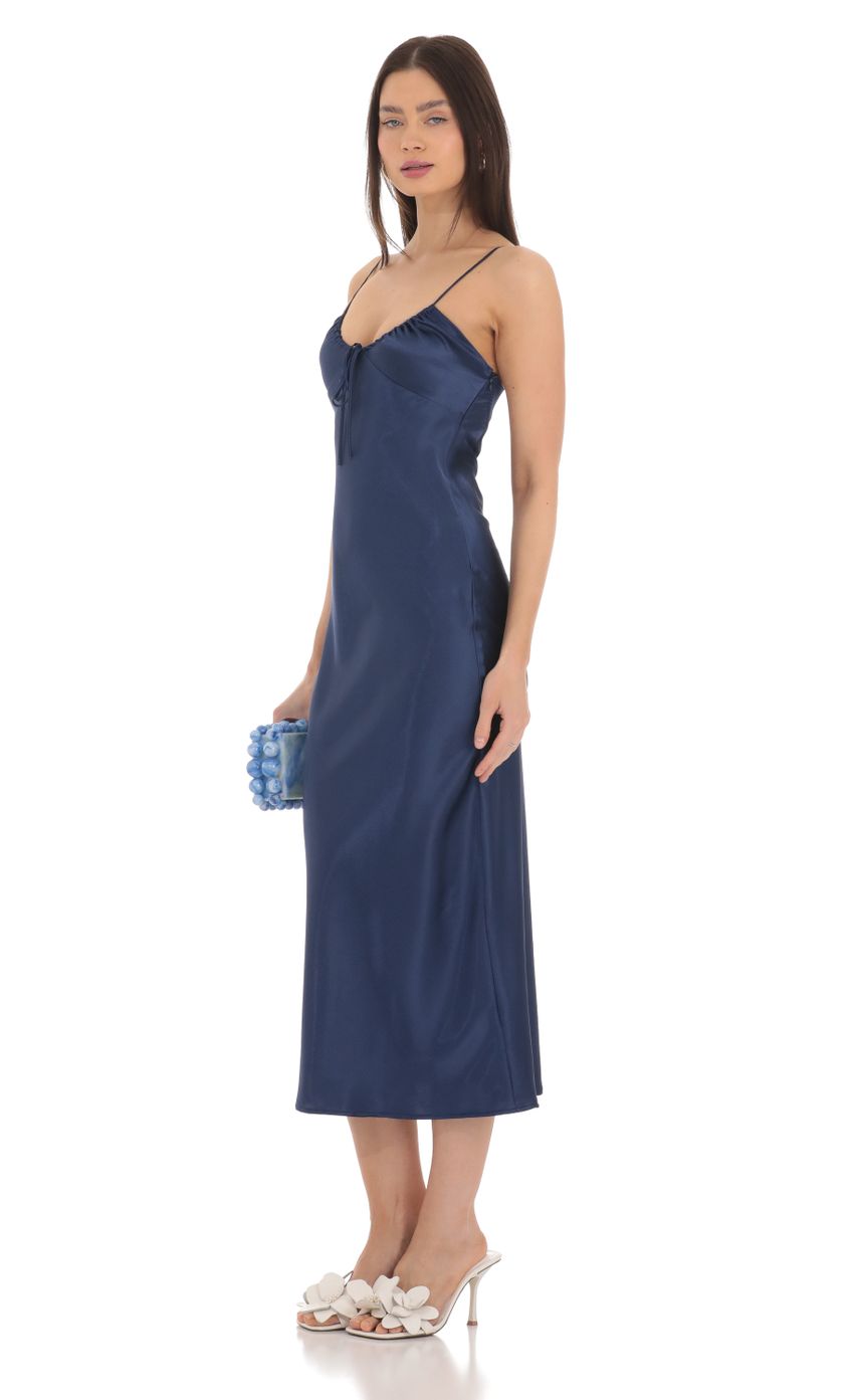 Lucy In The Sky Satin Open Back Midi Dress in Navy