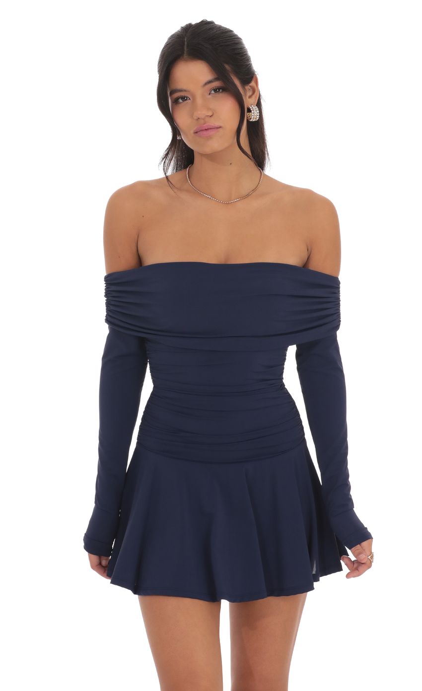 Lucy In The Sky Off Shoulder Ruched Flare Dress in Navy