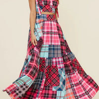 Ursime Fashion Plaid Pachwork Cami Top & Maxi Skirt 2Pcs Set