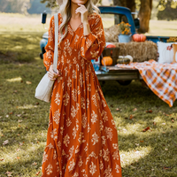 Cupshe Burnt Orange Floral Blouson Sleeve Smocked Waist Maxi Dress