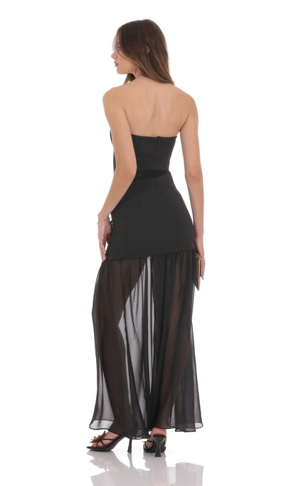 Lucy In The Sky Strapless Chiffon Drop Skirt Maxi Dress in Black